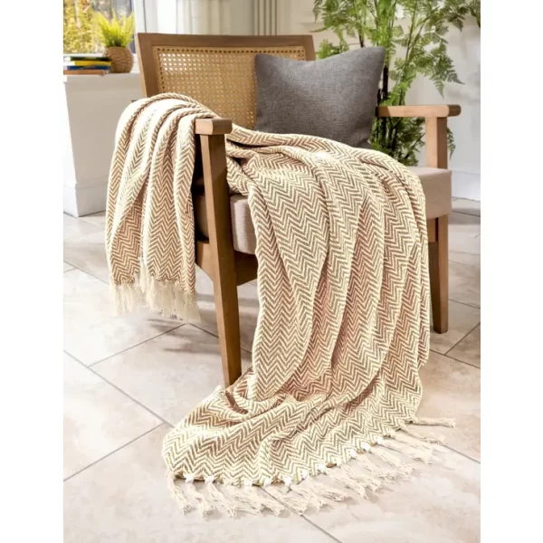 Audley Cotton Chevron Herringbone Throw beige chair