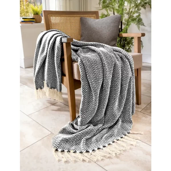 Audley Cotton Chevron Herringbone Throw charcoal chair